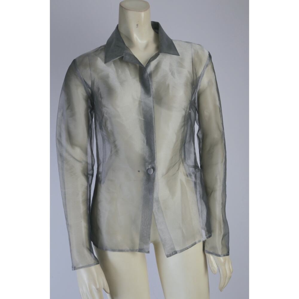 Vintage Ann Taylor Grey Sheer Shirt Long Sleeve Blouse Rhinestone Choker Size M